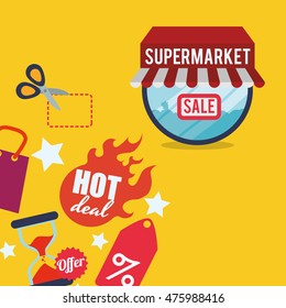 supermarket awning shopping bag scissor shop store sale offer market icon set. Colorful and flat design. Vector illustration