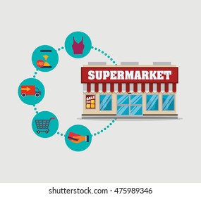 supermarket awning shopping cart cloth credit card shop store sale offer market icon set. Colorful and flat design. Vector illustration