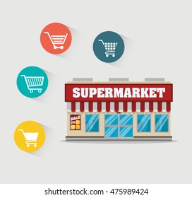 supermarket awning shopping cart shop store sale offer market icon set. Colorful and flat design. Vector illustration