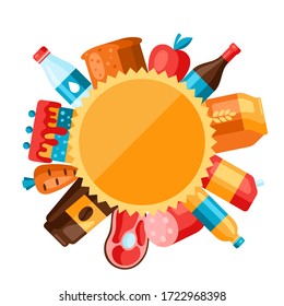 Supermarket background with food icons. Grocery illustration in flat style.
