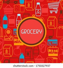 Supermarket background with food icons. Grocery illustration in flat style.