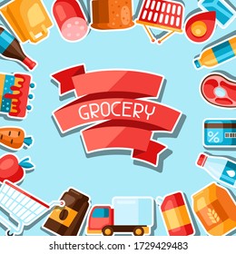 Supermarket background with food stickers. Grocery illustration in flat style.