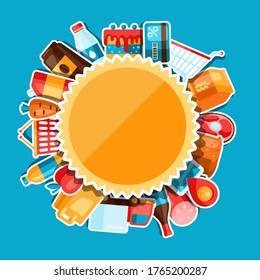 Supermarket background with food stickers. Grocery illustration in flat style.