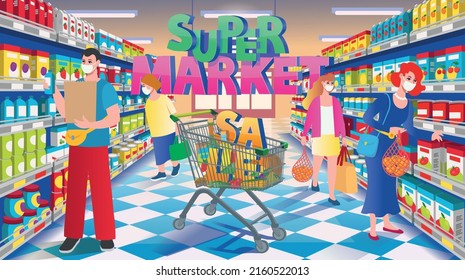 Supermarket banner with people. Perspective view of supermarket aisle. Supermarket with colorful shelves of merchandise supermarket food cart with sale letters and with people. Cartoon vector illustra