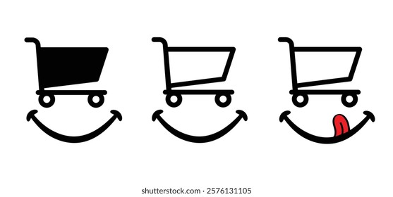 Supermarket basket or cart with happy smile. Shopping basket or containing bag with yummy smile with tongue. Empty supermarket pushcart. Shopping cart or trolley logo. Supermarket, self service.