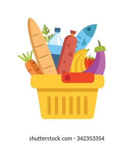 Supermarket basket with food. Bread, fish, tomato. bottle of water, carrot, bananas, eggplant, fish, sausage and parsley. Colorful modern flat design vector illustration isolated on white background