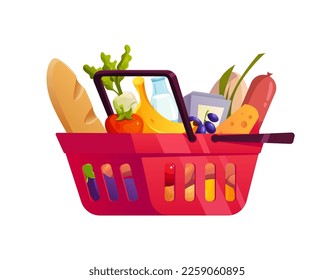 Supermarket Basket with Food. Fresh Fruits and Vegetables. Vector Cute Illustration in cartoon style.