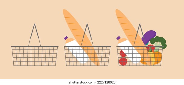 Supermarkt Korb voll und leer, flache Vektorgrafik mit Prozess der Auffüllung der Produkte während des Einkaufs ist isoliert