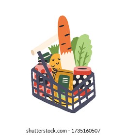 Supermarket basket full of fresh tasty products vector flat illustration. Shopping grocery basketful with bread, fruit, vegetable and cans isolated on white background. Colorful hand drawn purchase