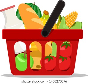 Supermarket basket full of products on a white background.