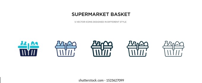 supermarket basket icon in different style vector illustration. two colored and black supermarket basket vector icons designed in filled, outline, line and stroke style can be used for web, mobile,