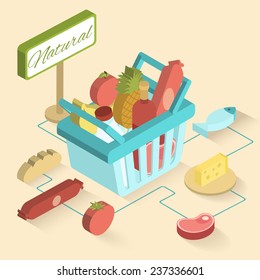 Supermarket basket isometric set with fresh natural food and drinks vector illustration