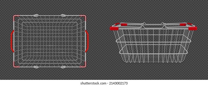 Supermarket basket from metal wire in top and side view. Vector realistic mock up of empty shopping cart with red plastic handles for buy grocery, food and goods in market and shop