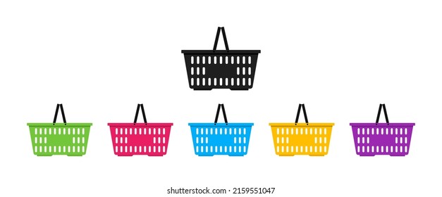 Cesta del supermercado. La cesta de la tienda de plástico con la mano aislada de fondo blanco. Juego de íconos para el mercado, comprar y comprar. Carro de compra, comestibles y bienes. Bolsa vacía para comida. Logotipos planos. Vector.