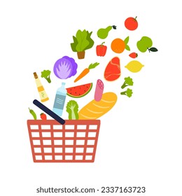 Supermarket basket with a scatted food. Vector illustration