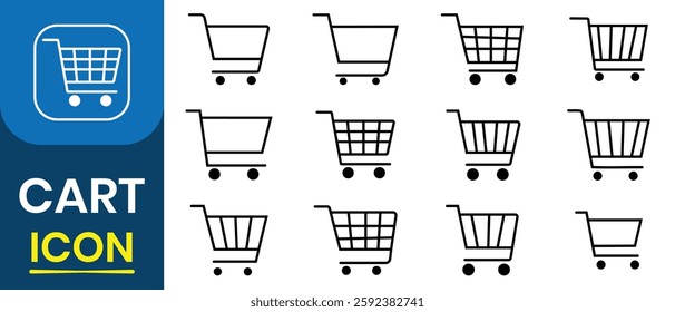 Supermarket basket vector set. Shopping cart icon set. Containing bag, basket, shopping cart, business, trolley, cart , shop, purchase, buy, sale in supermarket. Vector illustration.