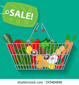 Supermarket basket of vegetables sale vector illustration