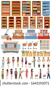 Supermarket. Big store set. Vegetables, fruits, fish, meat, dairy products, people. Vector flat illustration.