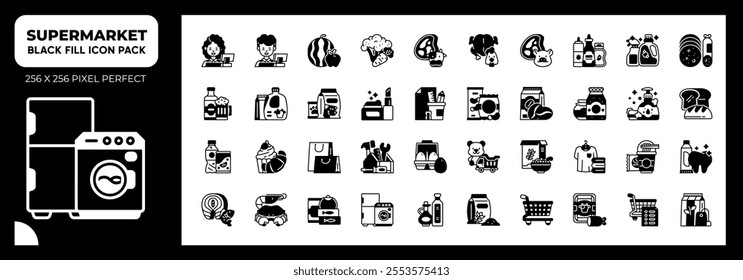 Supermarket Black Fill Icons Pack, Contain Such as Meat, Fish, Vegetables, Electronic and More