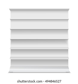 Supermarket Blank Shelf. Empty White Long Retail Showcase For Products On White Background. Vector 3D Illustration