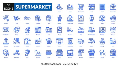 Supermarket blue icon collection set.  Includes grocery, shopping cart, food, store, basket, cashier, checkout, produce, market, aisle, sale, discount, items, packaging, payment