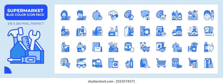 Supermarket Blue Icons Pack, Contain Such as Meat, Fish, Vegetables, Electronic and More