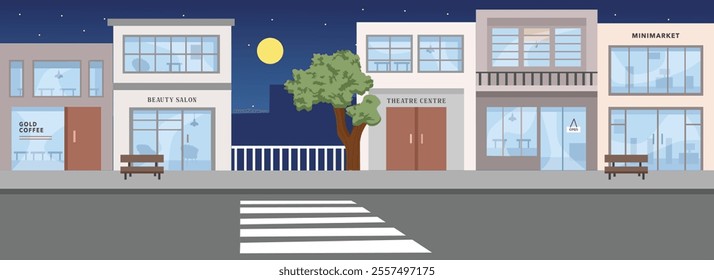 Supermarket. Boutique. Chain store. Convenience store. Department store. Discount store. Drugstore. Emporium. Grocery stores. Market. Outlet. Cafe. Building in the night time.