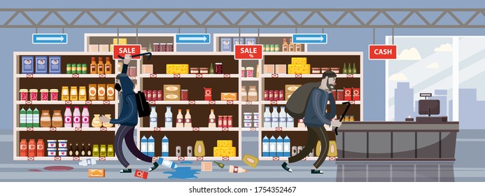 Supermarket Broken. Robbery Concept. Crime Scene Vandalism, Looting, Looters With Crowbar And Bag, Criminal Characters, Thrown Goods On Floor. Vector Illustration Flat Cartoon Design Isolated