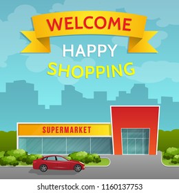 Supermarket building and a car on cityscape background. Front view. Flat style.