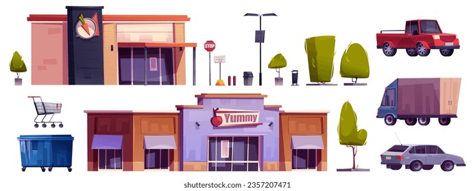 Supermarket building with car parking exterior set. Isolated outside mall facade clipart with truck, tree, cart and stop sign. Urban hypermarket storefront design near road outdoor png illustration