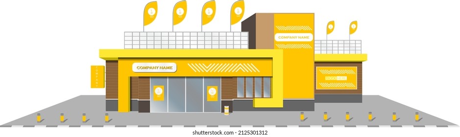 Supermarket building concept vector illustration. Large food store facade on modern city background. Super market or grocery store exterior in 3d design. Business building template.