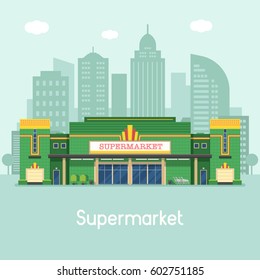 Supermarket Building Concept Vector Illustration. Large Food Store Facade On Modern City Background. Super Market Or Grocery Store Exterior In Flat Design.