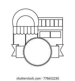 supermarket building with decorative ribbon and seal stamp icon over white background vector illustration