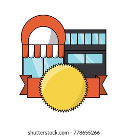 supermarket building with decorative ribbon and seal stamp icon over white background vector illustration