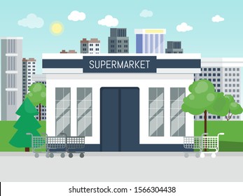 Supermarket Building Entrance Concept Vector Illustration. Super Market Or Grocery Store Facade. Big Food Store Exterior.