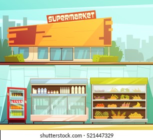 Supermarket building entrance street view and groceries dairy shelves indoor 2 retro cartoon banners set isolated vector illustration 