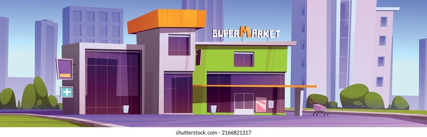 Supermarket Building Exterior On City Street. Vector Cartoon Illustration Of Summer Cityscape With Modern Store Facade With Pharmacy And Shopping Cart On Parking