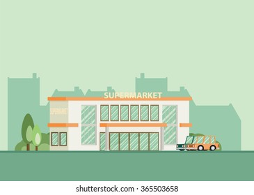 Supermarket building facade, flat vector illustration.