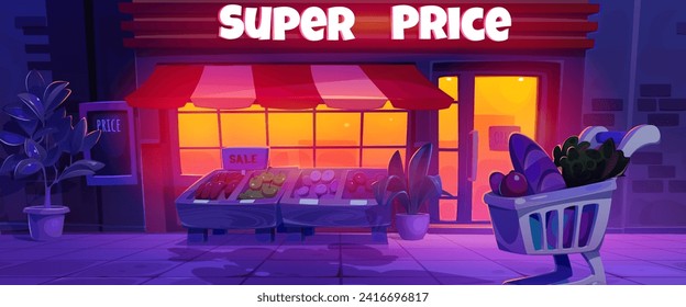 Supermarket building facade at night. Vector cartoon illustration of grocery store window and entrance door, shopping cart full of food on pavement in dark city street, fruit and vegetables for sale