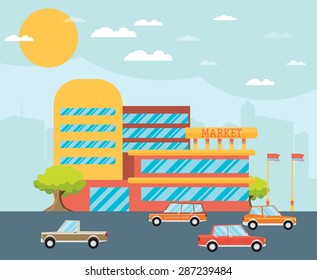 Supermarket building facade with parking in front of it, flat vector illustration.