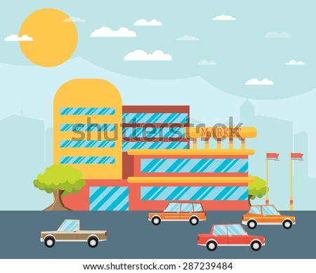 Supermarket building facade with parking in front of it, flat vector illustration.