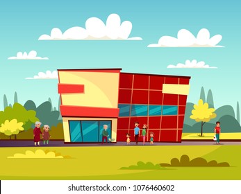 Supermarket building facade vector illustration of cartoon trade center and people with shopping carts. Flat design of modern supermarket or shop store, buyers family with children and shopping bags