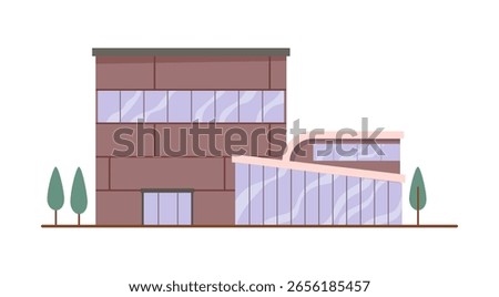 Supermarket building facade. Vector isolated exterior of shop with entrance and landscape. Store or shopping mall with bricks and wooden minimalist modern design. Simple construction with windows