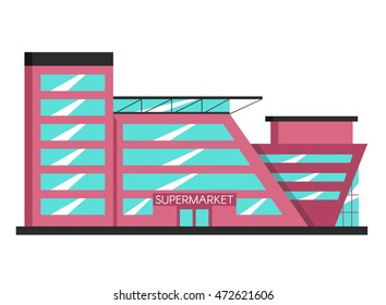 Supermarket building. Flat vector illustration. Constructivism style. Modern architecture. Bright design