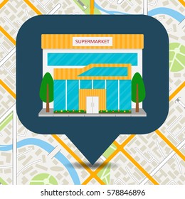 Supermarket Building Front Facade Or Grocery Store Icon On City Map Background. EPS10 Vector Illustration.