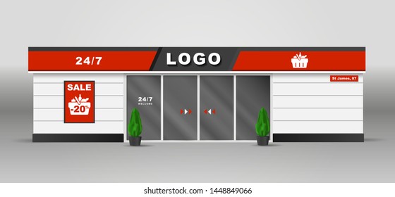 Supermarket building front shop construction urban store retail supermarket exterior vector image with place for sign and advertising poster