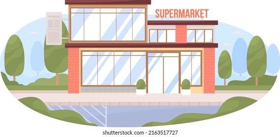 Supermarket building with glass facade 2D vector isolated illustration. Flat cityscape on cartoon background. Retail colourful editable scene for mobile, website, presentation. Bebas Neue font used