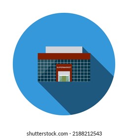 Supermarket Building Icon. Flat Circle Stencil Design With Long Shadow. Vector Illustration.