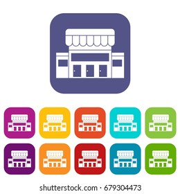 Supermarket building icons set vector illustration in flat style In colors red, blue, green and other