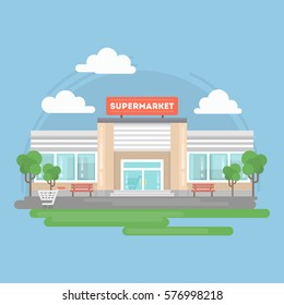 Supermarket building isolated with landscape as trees, sky and clouds.